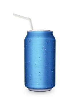 Aluminum can with the ring pull and straw. Isolated on a white Stock-Fotos