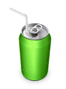 Aluminum can with the ring pull and straw. Isolated on a white Stock Photos