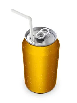 Aluminum can with the ring pull and straw. Isolated on a white Stock Photos