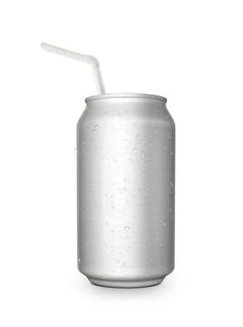 Aluminum can with the ring pull and straw. Isolated on a white Stock Photos