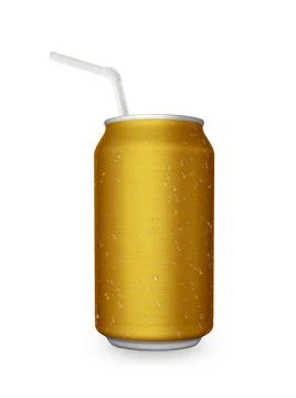 Aluminum can with the ring pull and straw. Isolated on a white Stock Photos