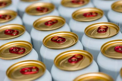 Aluminum cans with carbonated water, energy drinks or beer. the view from the Stock Photos
