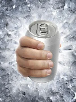 Aluminum cans in hand, on a Ice broken splash background Stock Illustration