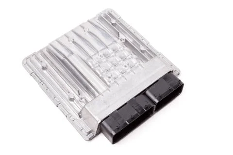 Aluminum car engine control unit with metal elements on white background is c Stock Photos
