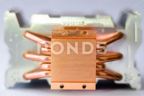 Aluminum radiator with copper heat pipe close-up with beautiful bokeh Concept Stock Photos