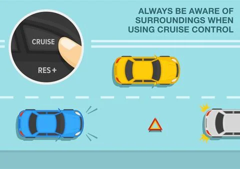 Always be aware of surroundings when using cruise control. Top view. Stock Illustration