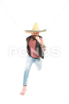 Always in motion. Man bearded cheerful guy wear sombrero mexican hat. Mexican Stock Photos