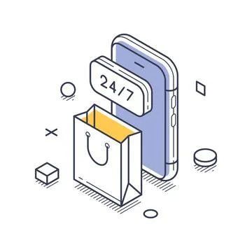 Always Open 24 7 Online Store For E-Commerce And Delivery Isometric Vector .. Illustration