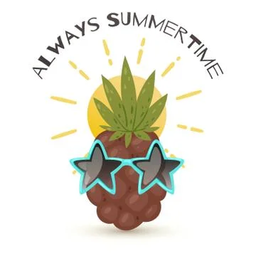 Always summertime vector illustration. Pineapple in star shaped sunglasses and Stock Illustration