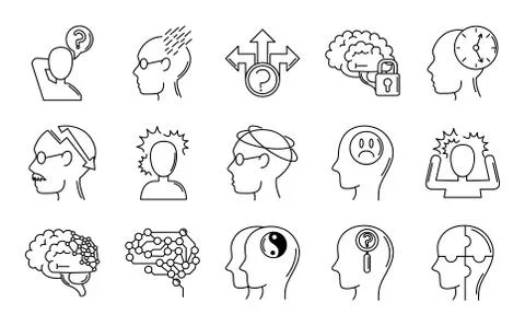 Alzheimer disease, decrease in mental human ability icons set line style Stockillustratie