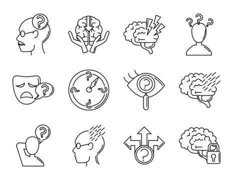 Alzheimer disease, decrease in mental human ability icons set line style Stock Illustration