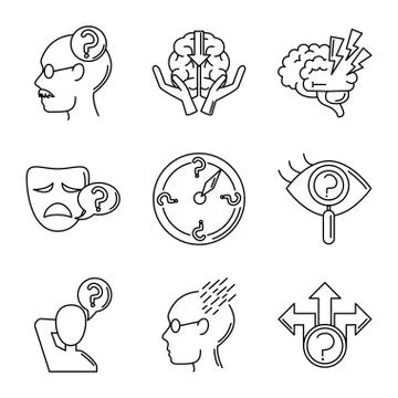 Alzheimer disease, decrease in mental human ability icons set line style Stockillustratie