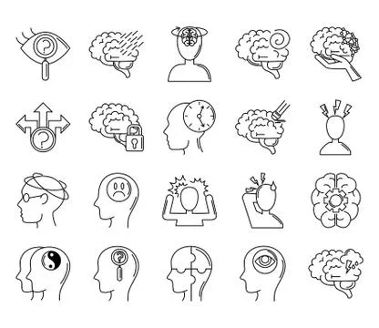 Alzheimer disease, decrease in mental human ability icons set line style イラスト素材