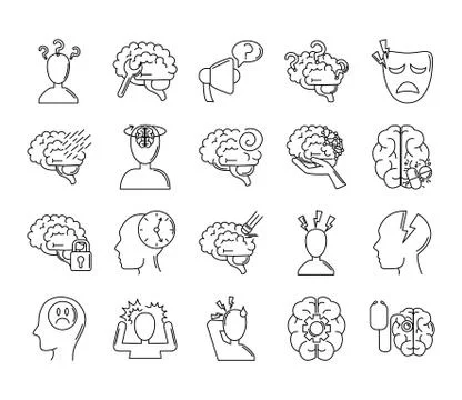Alzheimer disease, decrease in mental human ability icons set line style Stockillustratie