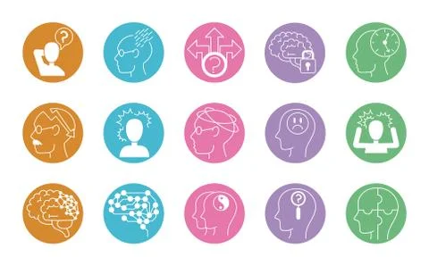 Alzheimer disease, decrease in mental human ability icons set line style Stock Illustration