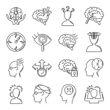 Alzheimer disease, decrease in mental human ability icons set line style Stockillustratie