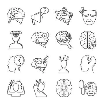 Alzheimer disease, decrease in mental human ability icons set line style Stockillustratie