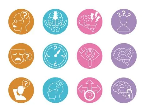 Alzheimer disease, decrease in mental human ability icons set line style Stockillustratie