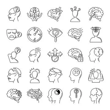 Alzheimer disease, decrease in mental human ability icons set line style イラスト素材