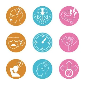Alzheimer disease, decrease in mental human ability icons set line style Stockillustratie