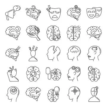 Alzheimer disease, decrease in mental human ability icons set line style Stockillustratie