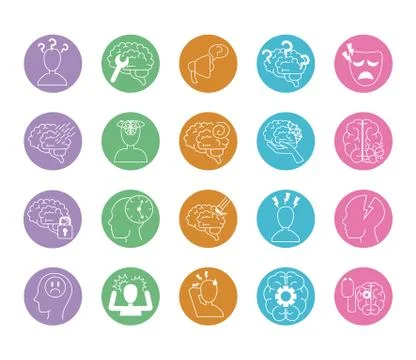 Alzheimer disease, decrease in mental human ability icons set line style Stockillustratie
