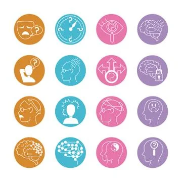 Alzheimer disease, decrease in mental human ability icons set line style Stockillustratie