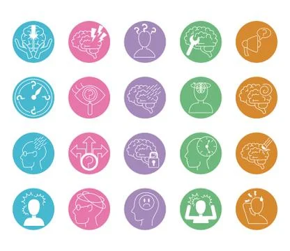 Alzheimer disease, decrease in mental human ability icons set line style Stockillustratie