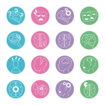 Alzheimer disease, decrease in mental human ability icons set line style イラスト素材