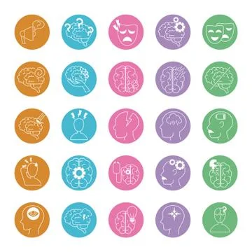 Alzheimer disease, decrease in mental human ability icons set line style イラスト素材
