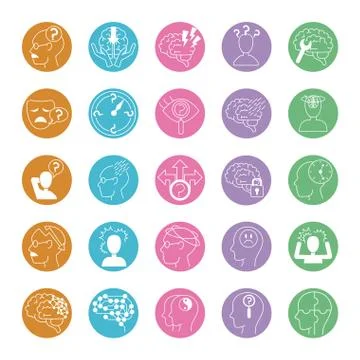 Alzheimer disease, decrease in mental human ability icons set line style 库存插图