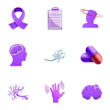 Alzheimer disease problem icon set, cartoon style Illustrazione stock