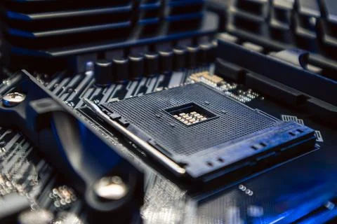 AM4 CPU Socket on motherboard, hardware close-up Stock Photos