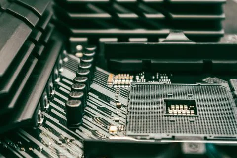 AM4 CPU Socket on motherboard, hardware close-up 库存照片