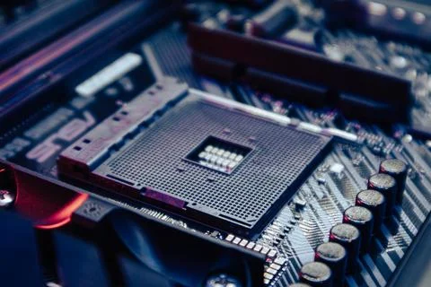 AM4 CPU Socket on motherboard, hardware close-up Stockfoto's