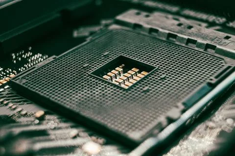 AM4 CPU Socket on motherboard, hardware close-up Stockfoto's
