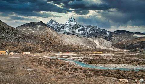 Ama Dablam Base Camp - dramatic sky, Himalayas, Nepal Stock Photos
