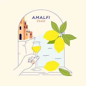 Amalfi Coast. Hand drawn vector art of limoncello and lemons twig against a Illustrazione stock