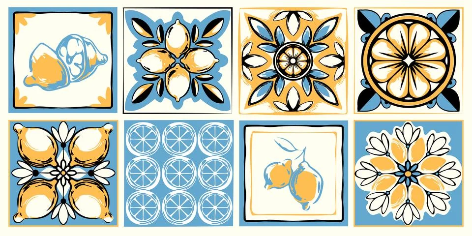 Amalfi coast tile patterns with lemons Stock Illustration