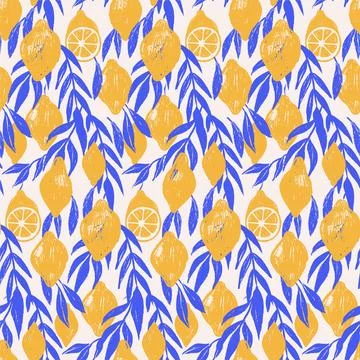 Amalfi seamless pattern with Mediterranean lemon motifs in yellow and blue Illustrazione stock
