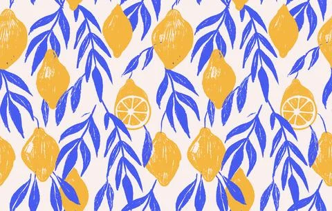 Amalfi seamless pattern with Mediterranean lemon motifs in yellow and blue Stock Illustration