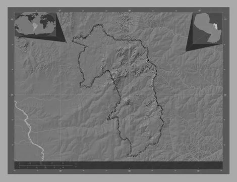 Amambay, Paraguay. Bilevel elevation map with lakes and rivers Stock Illustration