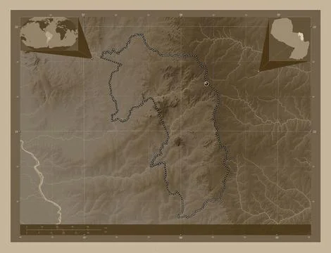 Amambay, Paraguay. Elevation map colored in sepia tones with lakes and rivers Stock Illustration