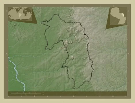 Amambay, Paraguay. Elevation map colored in wiki style with lakes and rivers 库存插图