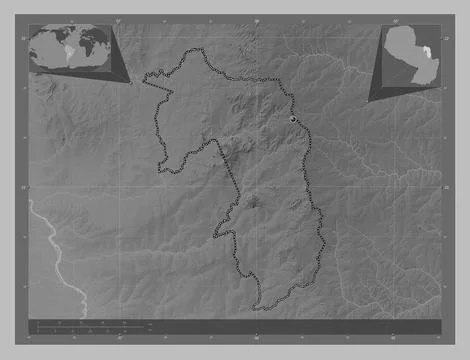 Amambay, Paraguay. Grayscale elevation map with lakes and rivers イラスト素材