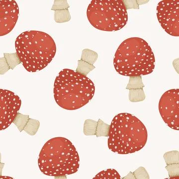 Amanita Mushroom Pattern, Vector Illustration. Red Toadstool Seamless Pattern 스톡 일러스트