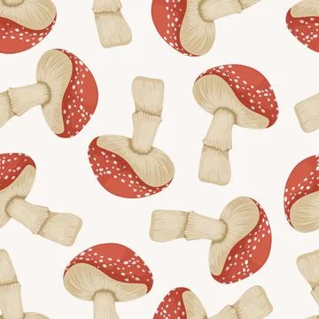 Amanita Mushroom Seamless Pattern, Vector Illustration. Red Toadstool Seamles Illustrazione stock