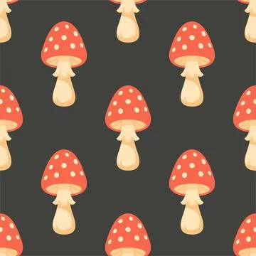 Amanita Mushroom Vector Seamless Pattern. Cartoon Red Amanita Mushroom on Black Stock Illustration