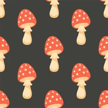 Amanita Mushroom Vector Seamless Pattern. Cartoon Red Amanita Mushroom on Black Illustrazione stock