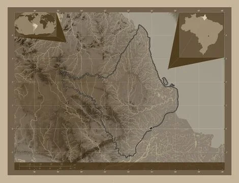 Amapa, Brazil. Elevation map colored in sepia tones with lakes and rivers Illustrazione stock
